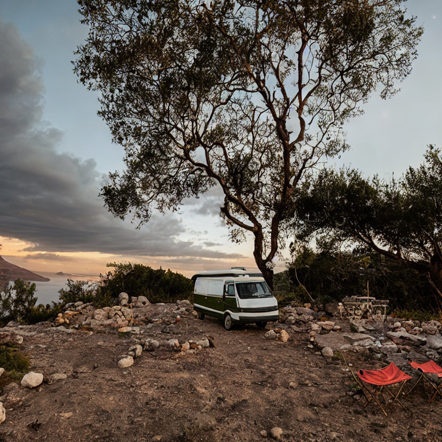 A green camper van rests on a rocky campsite in Santorini, surrounded by small trees and large stone slabs. Camping chairs gather around a warm campfire as golden light breaks through the stormy sky.