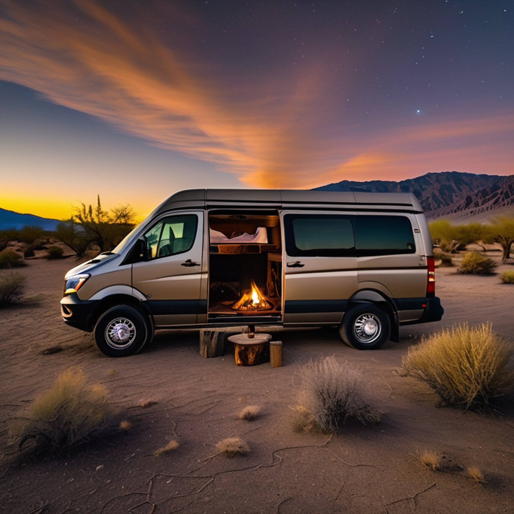 A tan camper van rests beside a warm campfire under a sky full of stars. Hikers gather nearby, while a wooden guitar lies on the dirt, with mossy trees and dark mountains in the distance.
