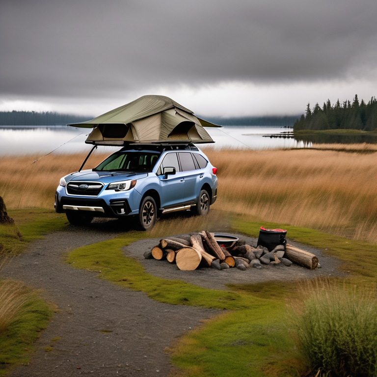 A Subaru with its rooftop tent sits in a quiet dirt campsite on Vancouver Island. Tall grass, gravel, and logs surround a small campfire. Soft fog gives the forest setting a cool, peaceful feel.
