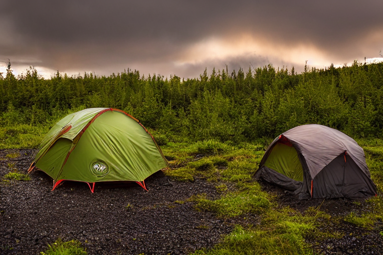 A green tent rests on a dirt patch in an Icelandic forest as the sun sets. Rainy air, scattered stones, and berry-covered bushes create a quiet mood. A backpack sits nearby, while a person’s flashlight glows in the distance.