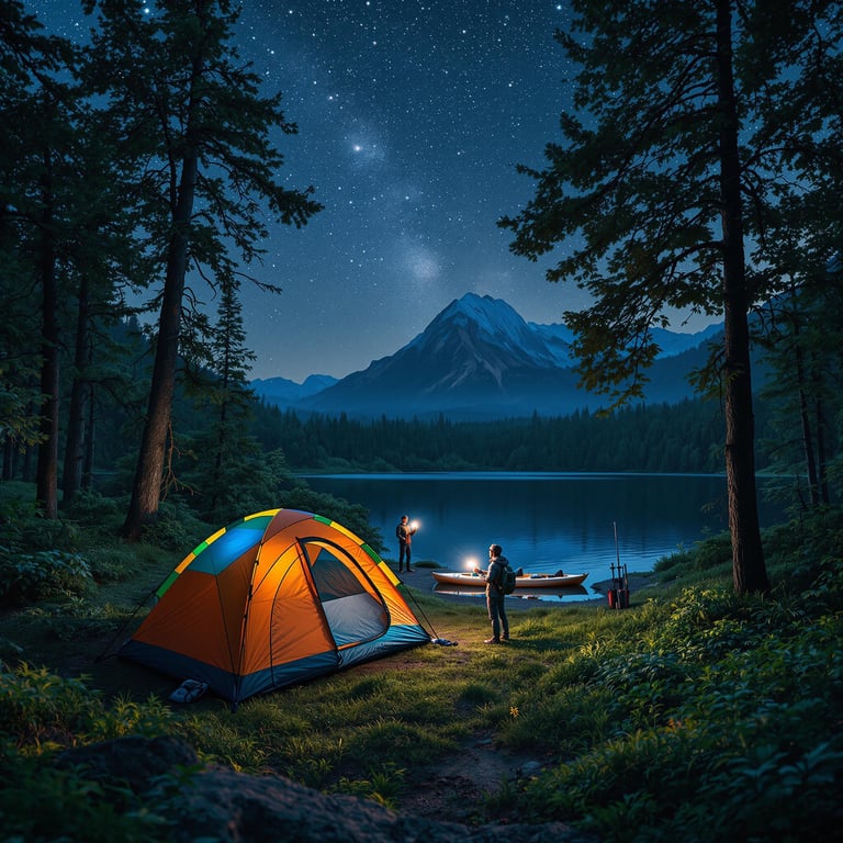 A colorful tent rests in a lush forest beneath a sky full of stars. From above, a kayak sits by the shore while a fishing rod leans against a tree. In the distance, a camper’s flashlight glows beneath the dark mountain.