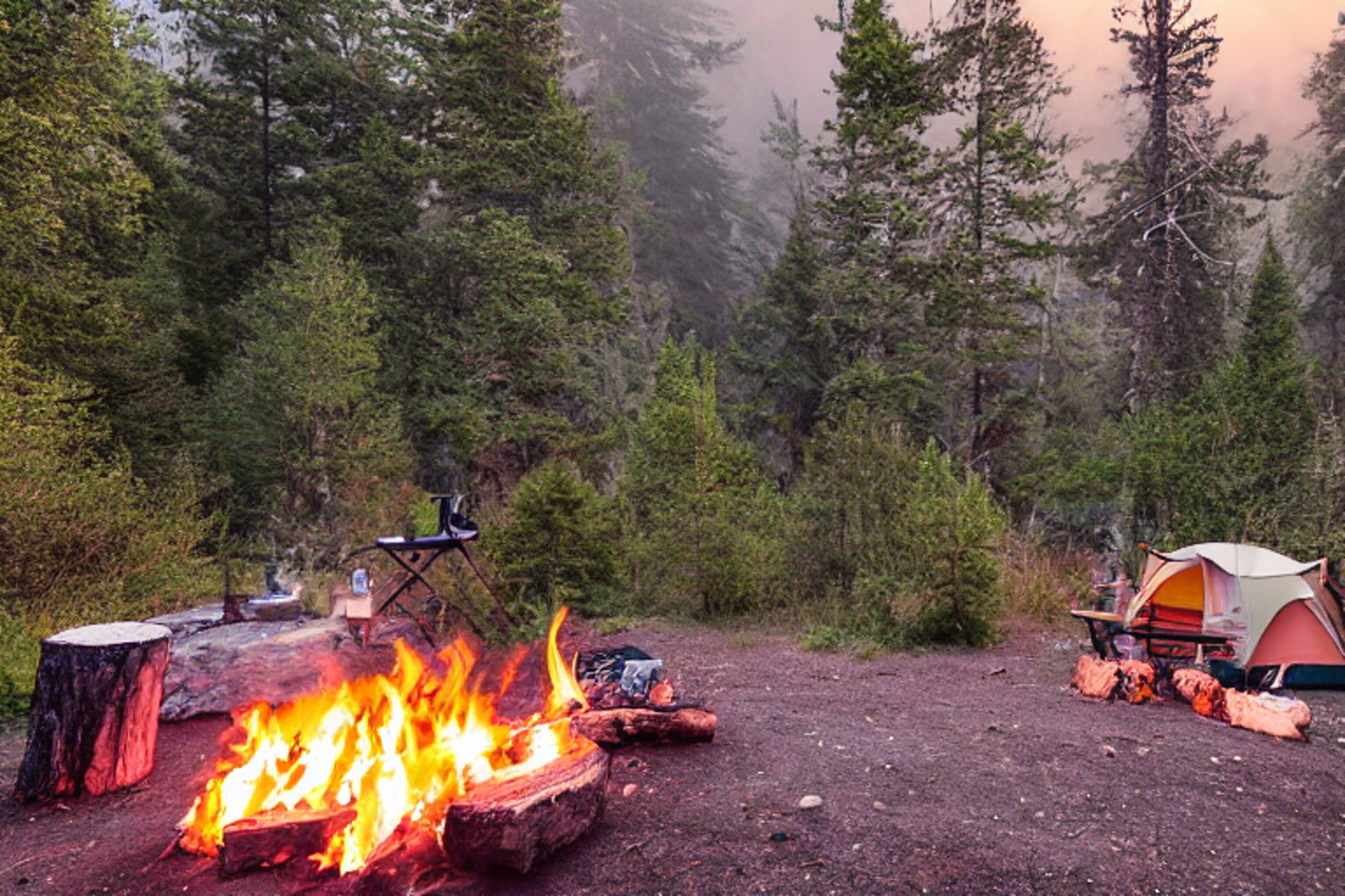 A white tent rests on a dirt clearing in Big Sur, surrounded by small trees and large stone slabs. A warm campfire glows among a ring of stones as cloudy sunset light fills the peaceful campsite. A box of camping gear sits nearby.