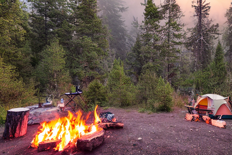 A white tent rests on a dirt clearing in Big Sur, surrounded by small trees and large stone slabs. A warm campfire glows among a ring of stones as cloudy sunset light fills the peaceful campsite. A box of camping gear sits nearby.