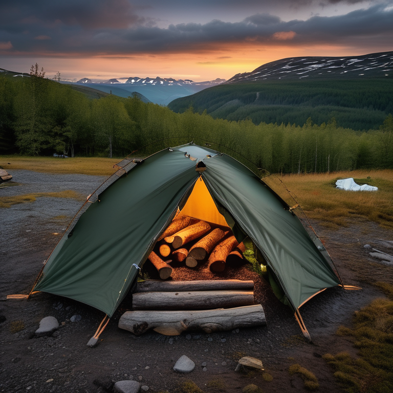 A green camo tent sits on a paved campsite in rainy Norway. A warm campfire glows beside a large log, while the setting sun and distant moon light the sky.