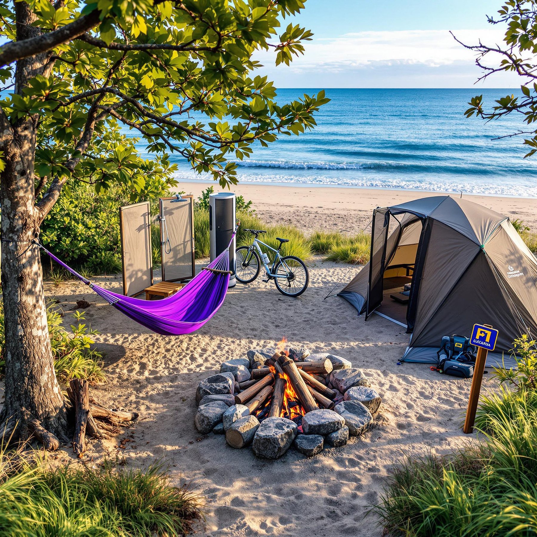 This cozy campsite sits right by the ocean, with soft sand, a crackling campfire, and a big tent. Swing in the purple hammock, listen to the waves, and enjoy the peaceful beach sunset.