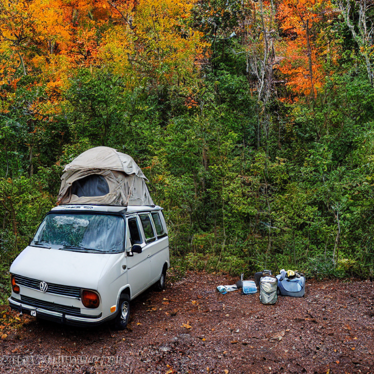 A cozy VW campervan rests on a rocky dirt campsite in the Smoky Mountains. Fall-colored trees surround the camp under a cloudy sky, while camping gear and drying clothes add a homey touch.