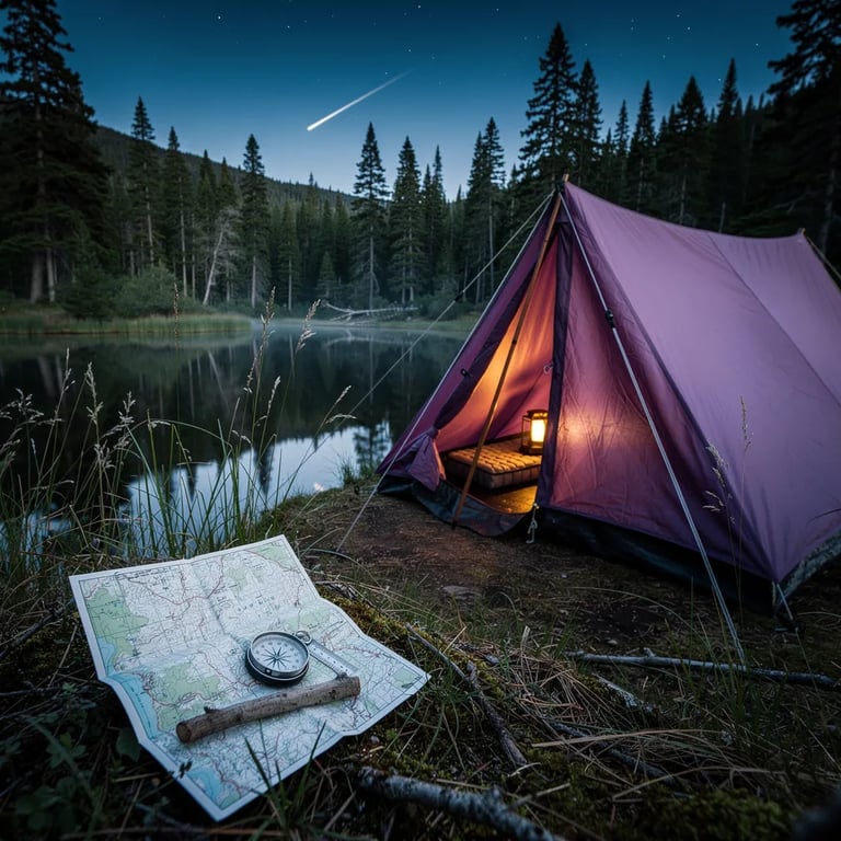 A quiet purple tent sits by a still pond in a dark evergreen forest. The water is like a mirror, reflecting the trees and the tent at dusk. A small lantern glows warmly inside while the first stars peek out, and a shooting star streaks overhead. In the grass, a topo map and compass rest beside a little twig.