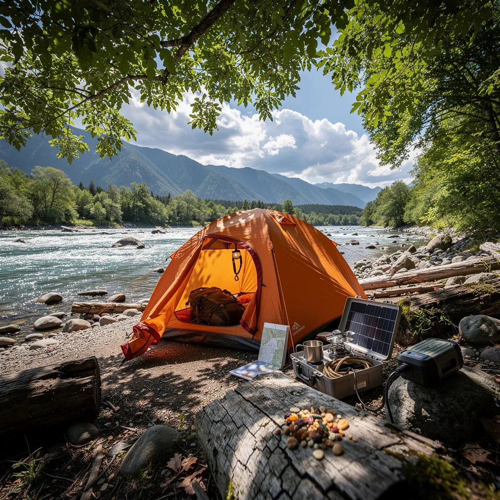A burnt-orange tent sits beside a clear, rushing river under a shady canopy of green leaves. Smooth stones and driftwood line the rocky bank, with a weathered log in front sprinkled with trail mix. A small solar panel soaks up the bright sun while mountains and puffy storm clouds rise in the distance. The whole place feels cool, wild, and full of fresh air.