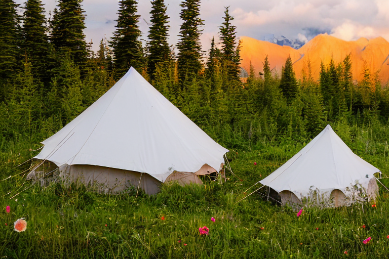 A white tent rests on a quiet dirt clearing in the Alaska wilderness. Tall grass, wildflowers, and towering trees surround the camp, while a wooden guitar sits nearby. Soft golden light shines through the cloudy sky.