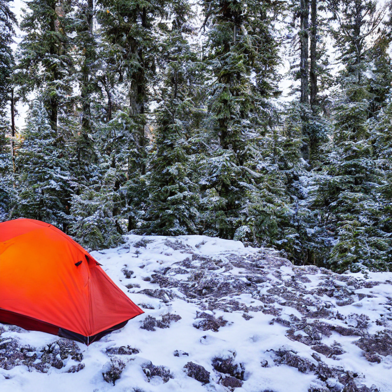 A cozy two-person tent rests on a quiet paved campsite beneath a sky full of stars. Snow dusts the rough ground, while dark mountains and small trees rise in the background. A few hikers add life to this peaceful Vancouver Island night.