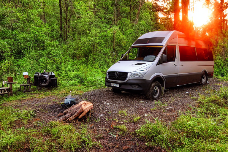 A gray and orange camper van rests at a quiet Smoky Mountain campsite as rain falls beneath a glowing sunset sky. A dirt trail winds past a berry bush and a large log by the campfire, while a distant camper shines a flashlight.