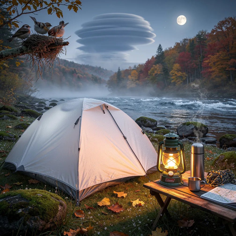 A white tent sits on a mossy riverbank as a cold, misty river rushes by. The grass is wet with dew, and orange leaves are scattered all around. A warm lantern glows on a small table beside a steaming thermos, making the dawn feel cozy and calm. Above the foggy fall trees, a strange smooth cloud hangs near a moon that is still partly hidden.