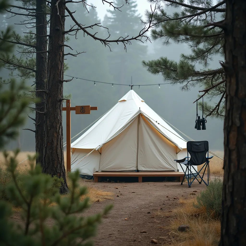 A white tent rests among the rocky mountains, wrapped in soft morning mist. A wooden sign marked “8,” a camp chair, and binoculars hanging from a tree add a cozy, adventurous touch. An outdoor shower sits nearby behind a simple privacy screen.