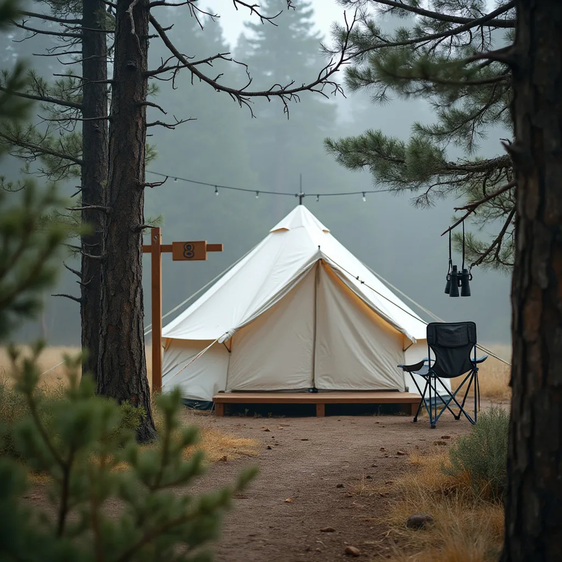 A white tent rests among the rocky mountains, wrapped in soft morning mist. A wooden sign marked “8,” a camp chair, and binoculars hanging from a tree add a cozy, adventurous touch. An outdoor shower sits nearby behind a simple privacy screen.
