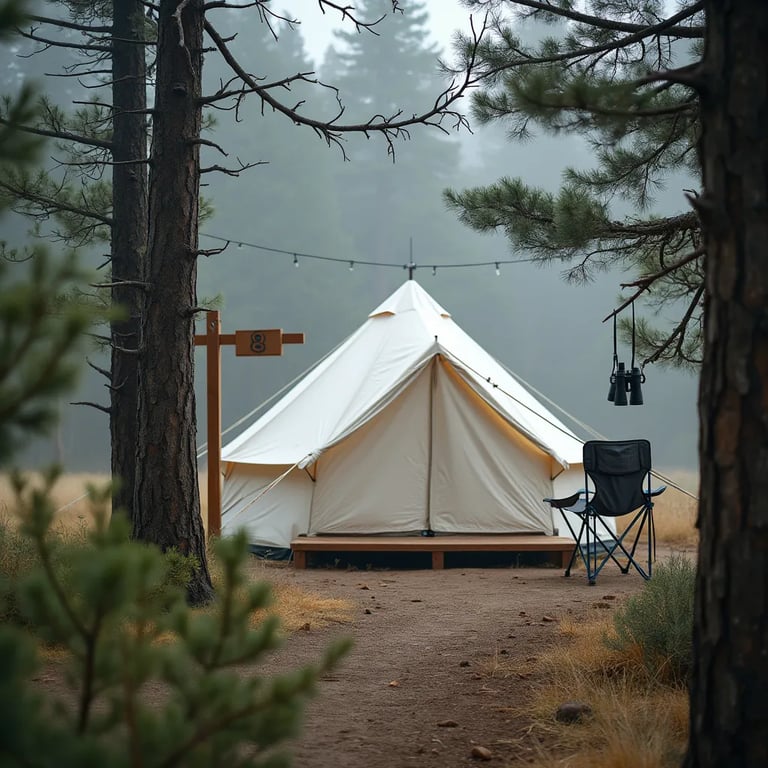 A white tent rests among the rocky mountains, wrapped in soft morning mist. A wooden sign marked “8,” a camp chair, and binoculars hanging from a tree add a cozy, adventurous touch. An outdoor shower sits nearby behind a simple privacy screen.
