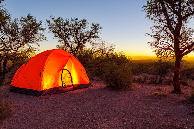An orange tent sits on a dirt clearing in Big Bend National Park. Tall trees glow with fall colors as hikers relax in camping chairs near a warm campfire. The clear dusk sky creates a peaceful evening mood.