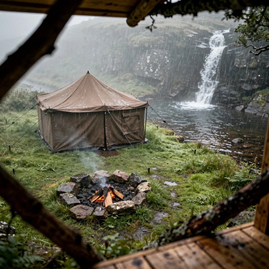 A cozy brown tent sits in tall, wet grass beside a small campfire. Heavy rain and soft fog surround the campsite, while a waterfall rushes down the nearby cliff. The peaceful scene is seen from high in a treehouse.