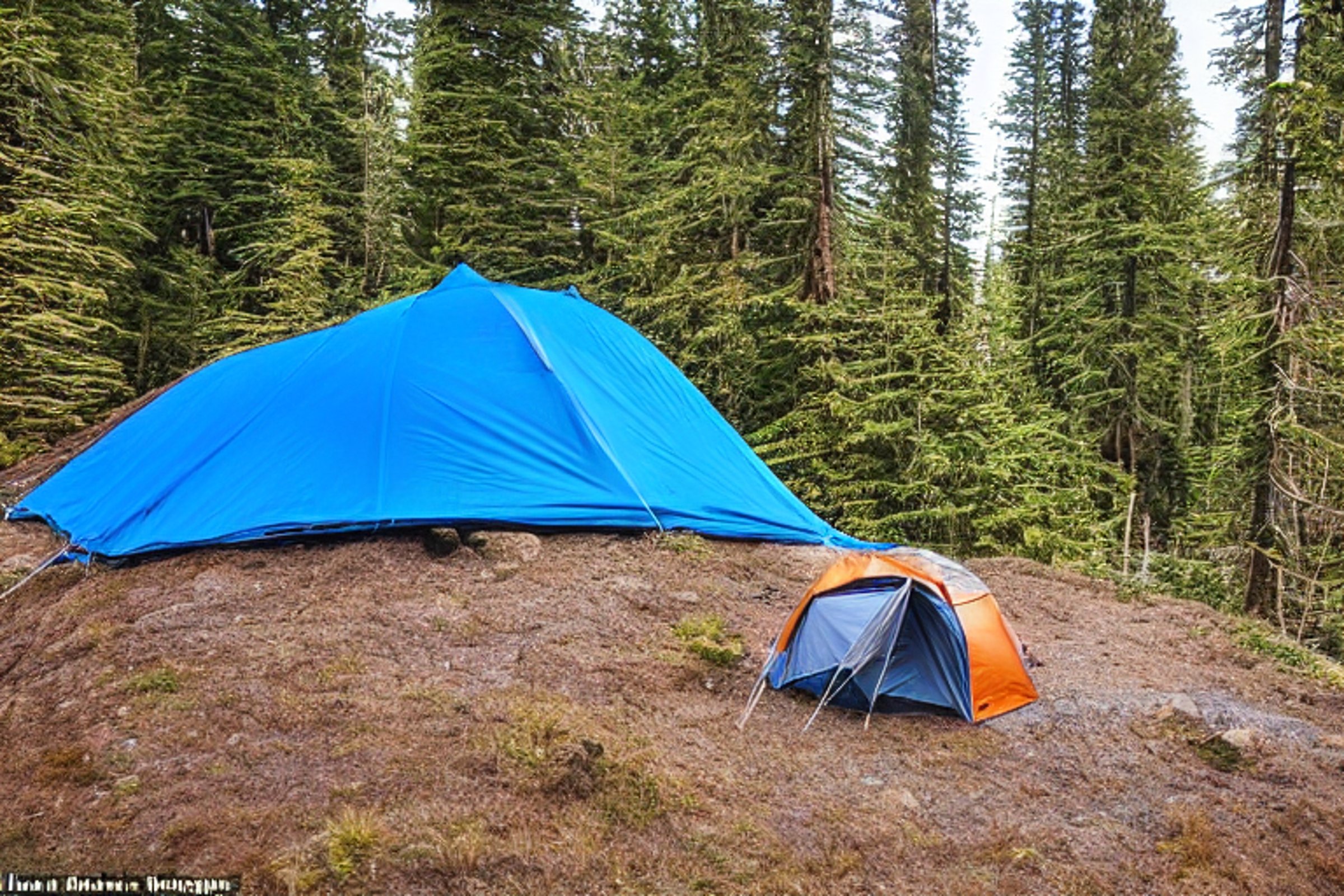 Two blue tents rest among tall trees on a rocky campsite in Washington. A star-filled sky shines through the fog, while a backpack and car sit nearby.