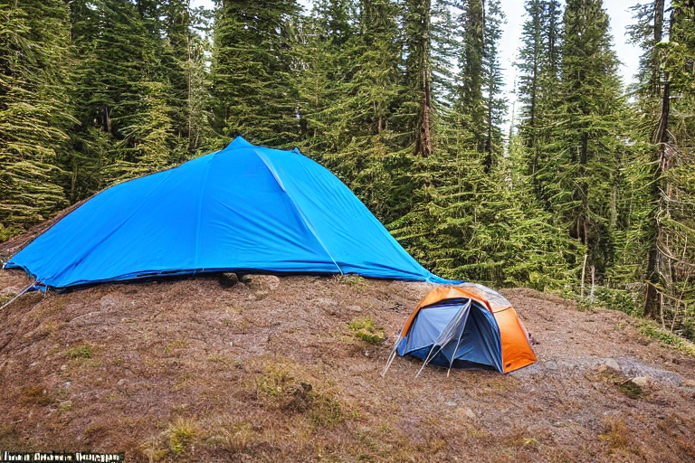 Two blue tents rest among tall trees on a rocky campsite in Washington. A star-filled sky shines through the fog, while a backpack and car sit nearby.