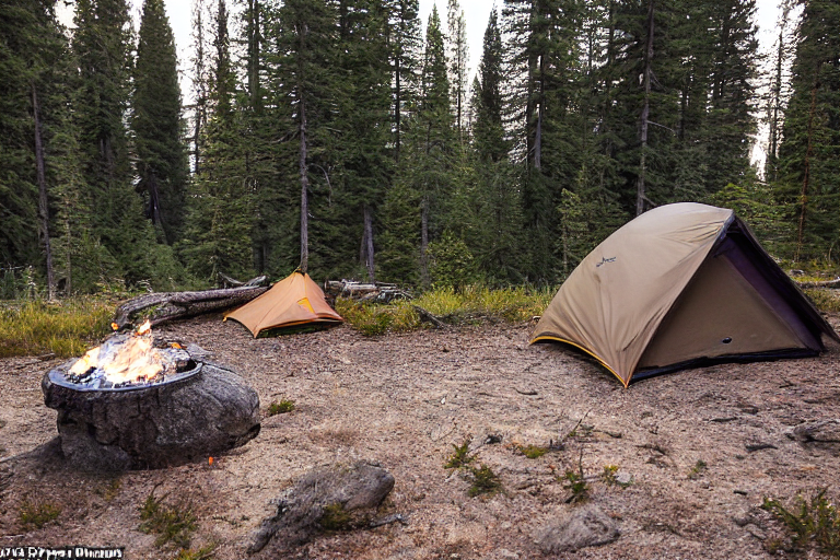 A cozy brown tent rests beside a small campfire in rainy Yosemite at sunrise. Ferns, a large rock, and a camping stove surround the dirt campsite, while deer and a distant camper with a flashlight add quiet wilderness charm.