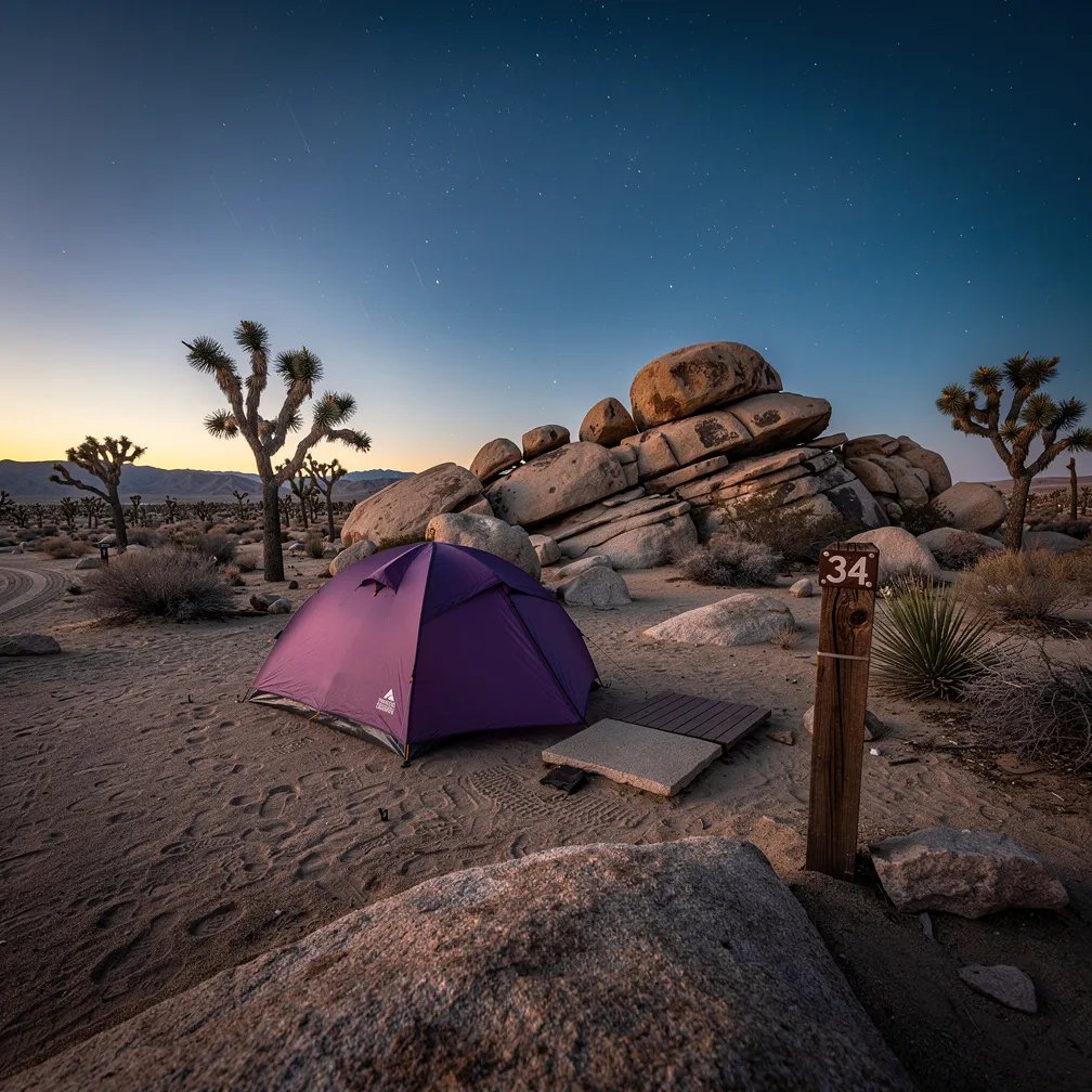 A purple tent sits on sandy ground among big granite rocks and spiky Joshua trees as the sky turns deep blue. A wooden post marked “34” stands nearby, with faint footprints in the dust. The air feels cool and quiet, and the first stars begin to sparkle over the desert.