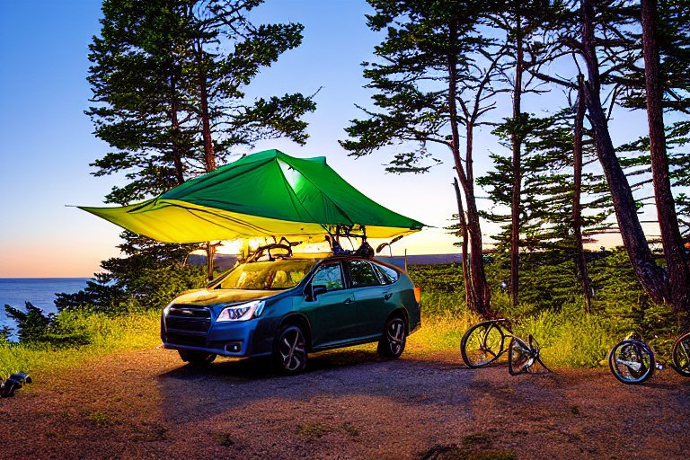 A green Subaru rests at a peaceful campsite in Acadia National Park as the sun sets. A rooftop tent, white cooler, and hammock sit among the trees and scattered twigs. In the distance, a camper’s flashlight glows beneath the clear sky.
