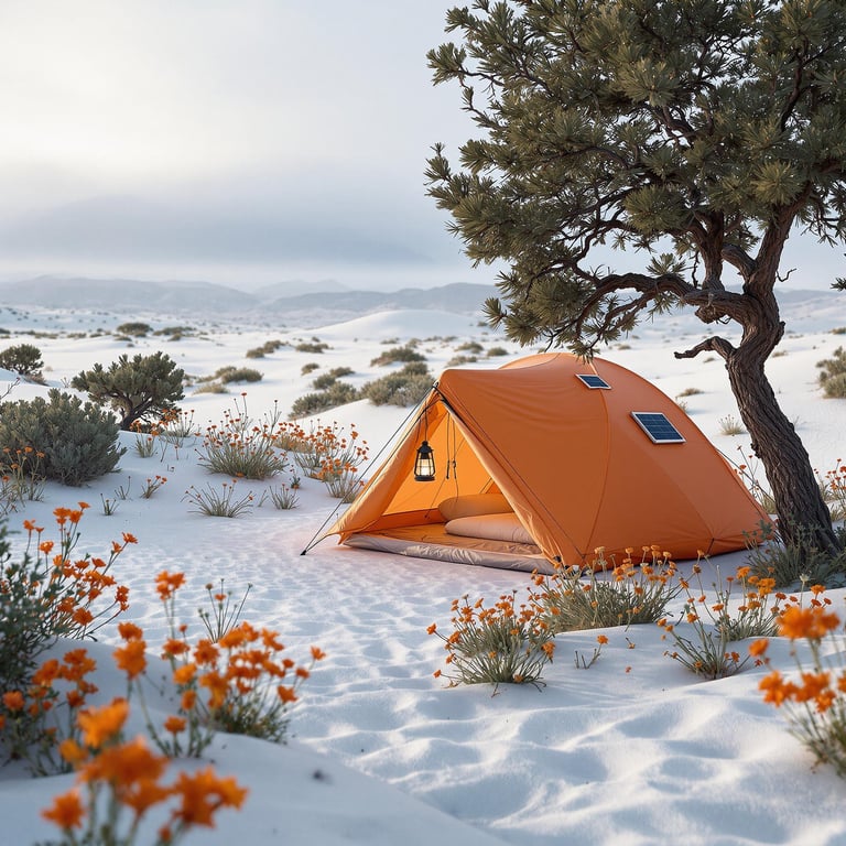 A bright coral tent rests among wildflowers on the white sands. Fog rolls over the nearby hills and mountain, while a solar lantern hangs from a tree in the windy morning air.