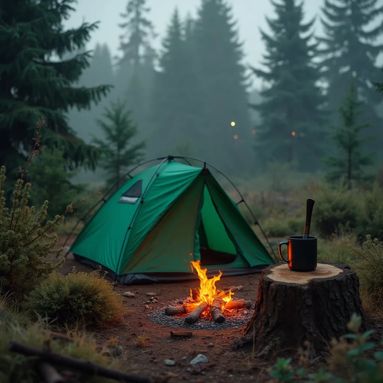 A green tent rests among large bushes in a quiet forest at dusk. A campfire glows beside a log with a mug, while an axe sits in a tree stump. Seen from above, the dusty campsite feels peaceful and wild.