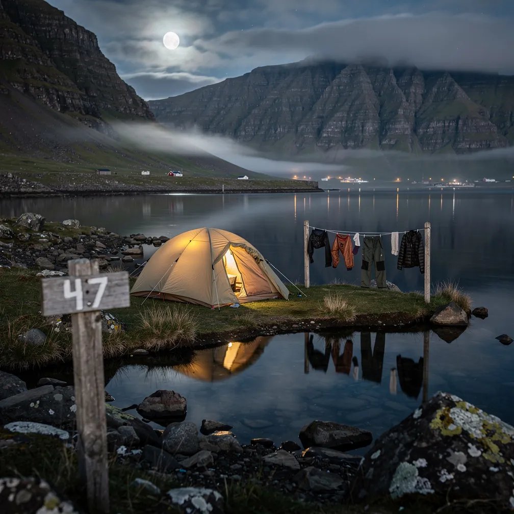 A tan tent sits by a still little lake under a misty full moon, with dark rocky cliffs rising behind it. Wet stones shine softly, and the tent’s warm light glows in the cool night air. A clothesline with damp jackets sways gently, and a weathered wooden sign marked “47” stands nearby. Far away, tiny village lights sparkle across the water.