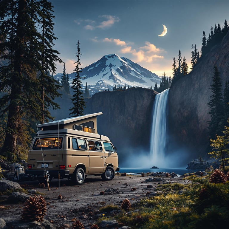A beige campervan rests beneath pine trees at Mount Rainier under a crescent moon. A waterfall rushes down the cliff nearby, while a solar panel, fishing rod, and pine cones add cozy campsite details.