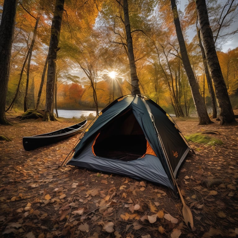 A black tent rests in a quiet grove beneath colorful fall trees. A camping chair waits nearby on the rough shore, as stormy clouds gather overhead. The scene is seen from a canoe drifting toward the campsite.
