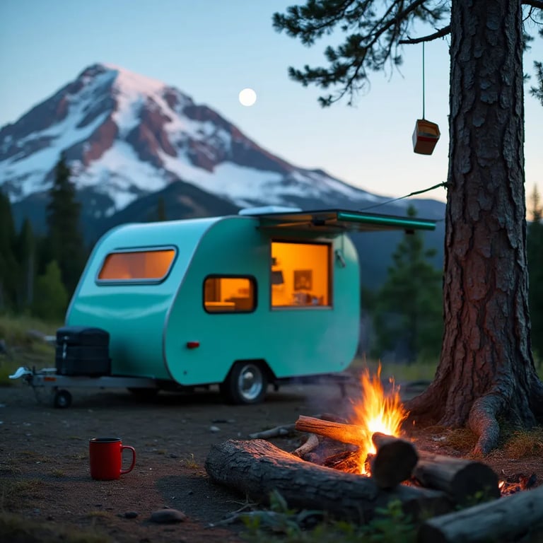 A mint-green teardrop trailer rests among snowy trees beneath Mount Rainier. A small campfire glows nearby, with a mug on a log and the moon shining through the wintry sky.