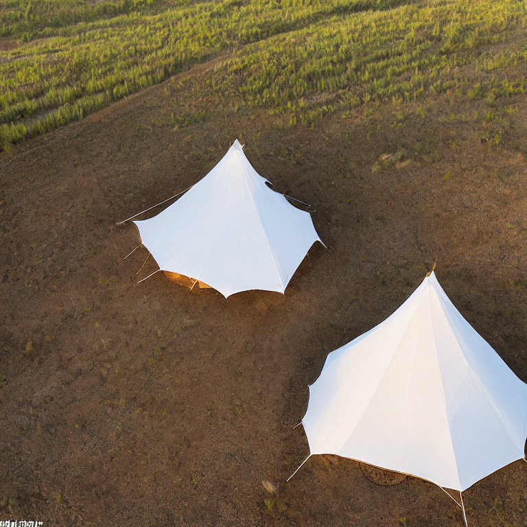 A white tent rests on a quiet dirt campsite beneath a clear sunset sky. Small trees, large bushes, and rolling Idaho hills surround the peaceful spot. A hammock hangs nearby, inviting you to relax and enjoy the view.