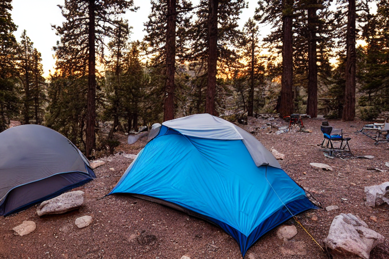 A gray and blue tent glows softly beside a crackling campfire at sunset. Fog drifts across the rocky ground, with the Grand Canyon stretching beyond. A backpack and large rocks complete this peaceful campsite.