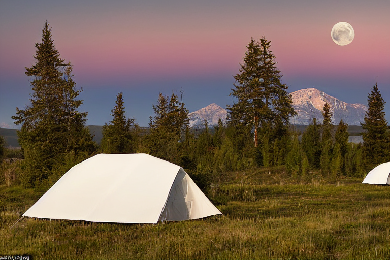 A white tent rests on a rough dirt clearing in Montana. Tall grass and moss-covered trees surround the campsite as snow falls softly. A pale moon glows through the dusky sky, creating a quiet, peaceful mood.