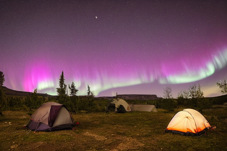 A white tent rests on a quiet dirt campsite beneath bright green auroras. Camping chairs and a box of gear sit nearby, while small trees sway under stormy skies. A distant moon shines over the rugged landscape.