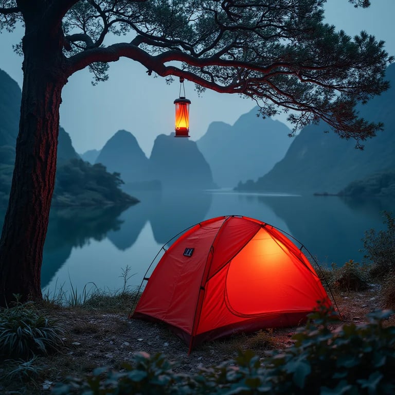 A bright red tent glows beside a quiet lake under falling snow. A solar lantern hangs from a tree, while tall grass and misty mountains create a wild nighttime setting. The campsite shimmers in the dark water.