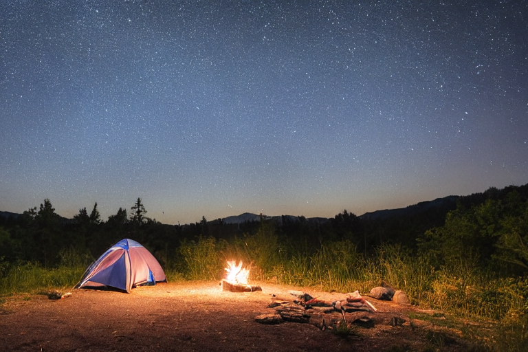 A blue tent glows beside a warm campfire under a cloudy, starry sky. Set near a hot spring, the rough campsite has large rocks, camping chairs, and a clothesline swaying in the night air.