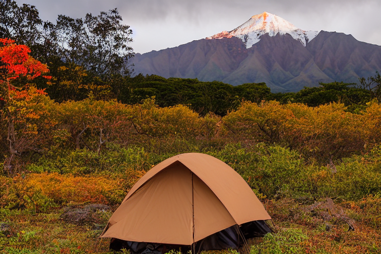 A cozy brown tent sits beside a glowing campfire on a dirt clearing in Hawaii. Fall-colored trees and thick bushes surround the campsite, while hikers enjoy the cool, stormy dusk. A tall mountain rises in the distance beneath the cloudy sky.