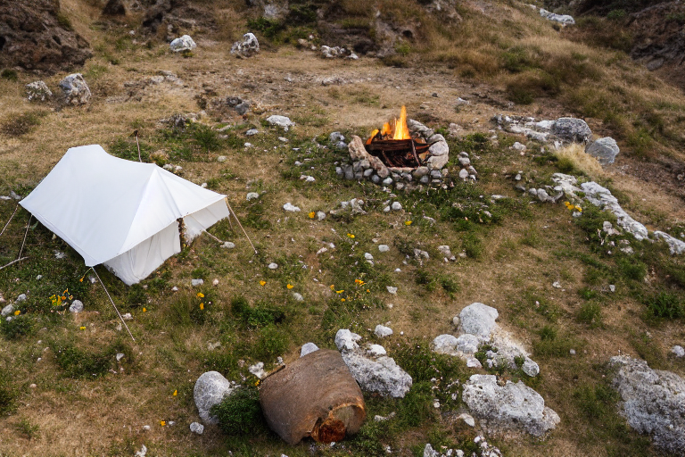 A white tent rests on a quiet paved campsite in Santorini as the sun rises. Wild grass and small flowers grow around a stone-ringed campfire, while a large rock adds a rugged touch. The clear sky and soft morning light create a peaceful outdoor escape.