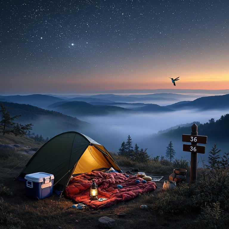 A burgundy sleeping bag rests in a quiet Ozark campsite beneath rolling hills and soft morning fog. A cooler, lantern, and wooden sign marked “36” sit nearby, while a hummingbird hovers over a bright flower. Snowy weather gives the scene a wild, magical feel.