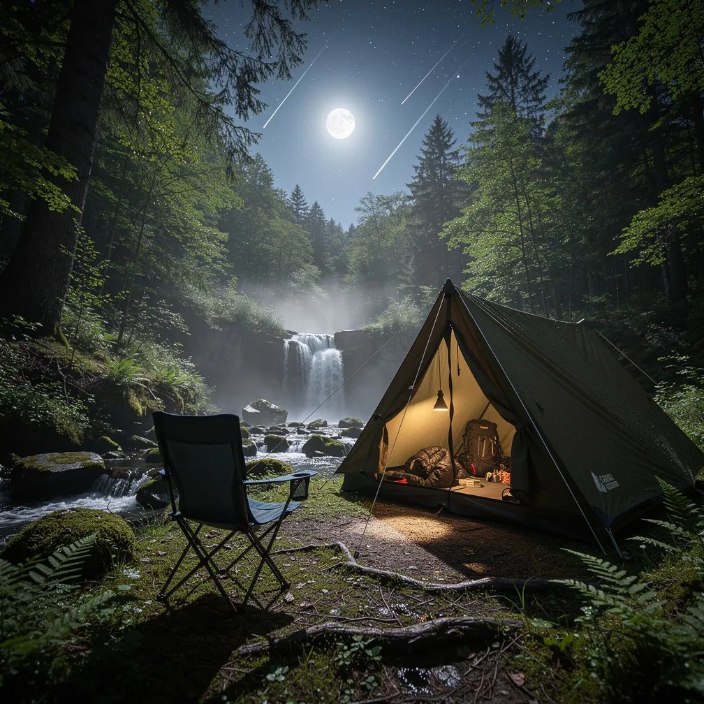 A small tent sits on damp, ferny ground beside a whispering waterfall. The full moon makes the wet leaves shine, and mist sparkles in the air. Above the trees, bright meteors streak across a clear, starry sky while a soft light glows inside the shelter.