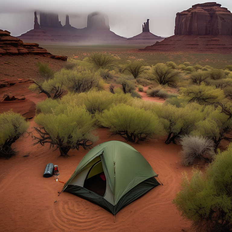 A forest-green tent rests on a quiet dirt campsite in Monument Valley, surrounded by mossy trees and soft fog. A hiking path and parking spot sit nearby, while a distant camper holds a flashlight.