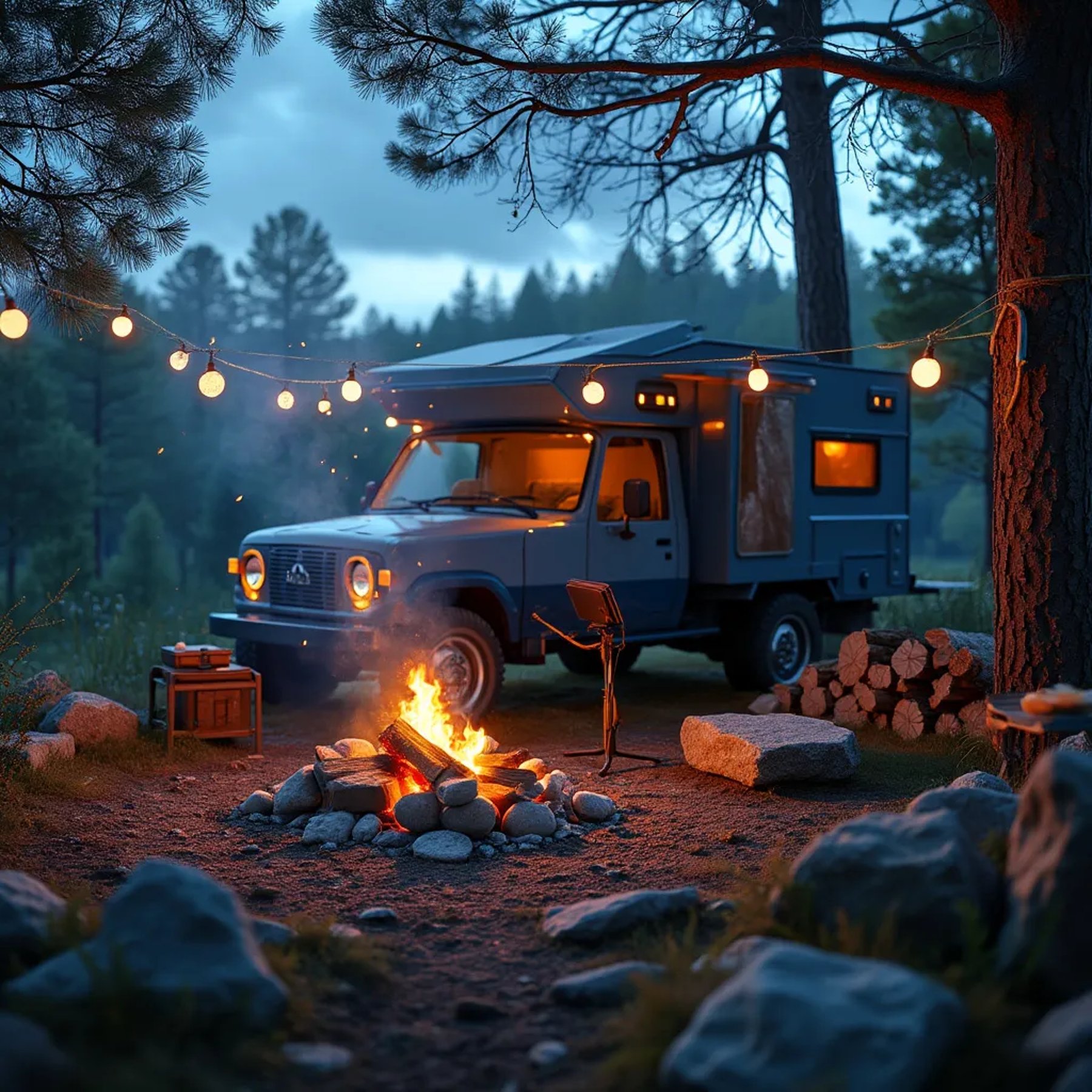 A gray and blue truck tent rests in a peaceful grove beneath a partly cloudy sky. Nearby, marshmallows roast over a warm campfire beside stacked firewood and large stone slabs. Fireflies glow through the smoky, breezy air.