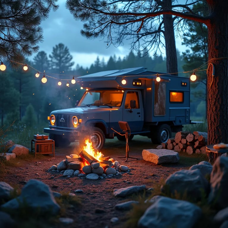 A gray and blue truck tent rests in a peaceful grove beneath a partly cloudy sky. Nearby, marshmallows roast over a warm campfire beside stacked firewood and large stone slabs. Fireflies glow through the smoky, breezy air.