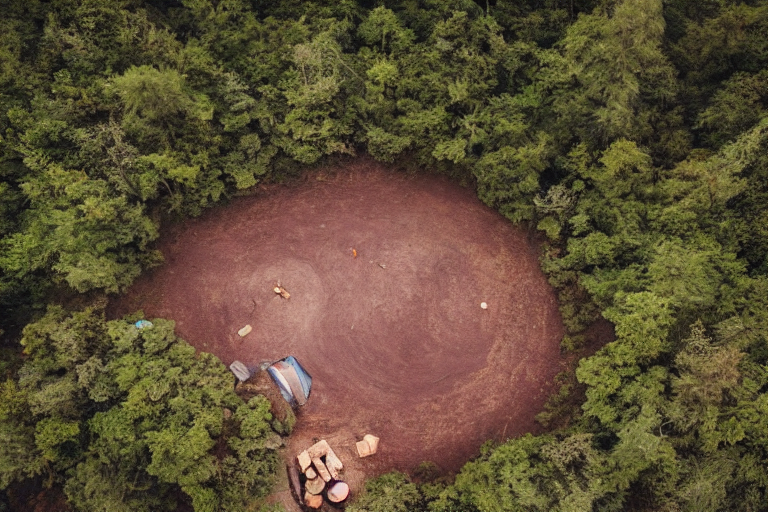 A brown tent rests on a quiet dirt clearing beneath tall trees in Zhangjiajie, China. A warm campfire glows at the center, with logs and a backpack nearby. Clouds fill the night sky, creating a calm, cozy mood.