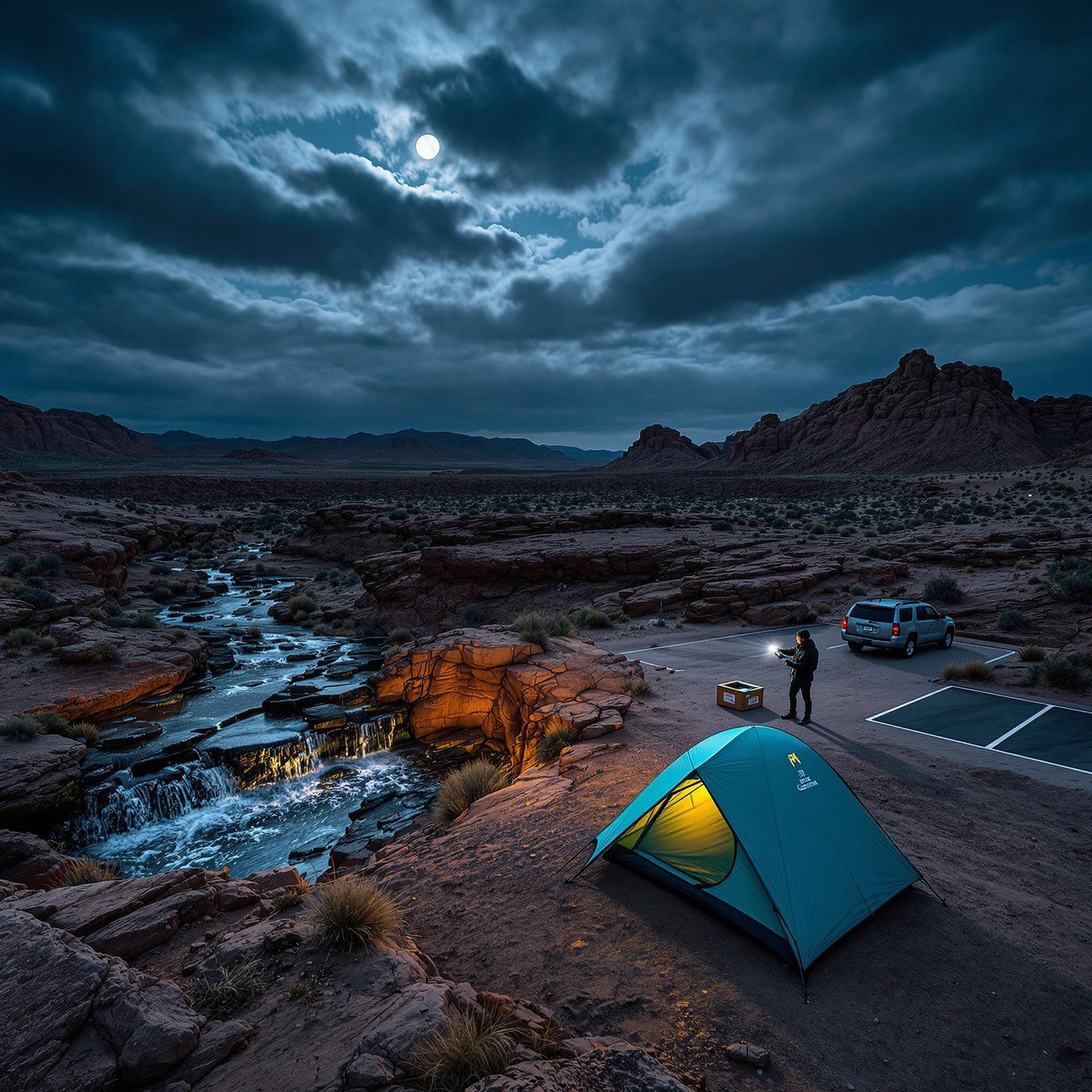 A teal tent rests beneath a bright full moon in Capitol Reef National Park. A small waterfall flows nearby, while a camper’s flashlight glows in the distance. Camping gear sits by a parking spot under the cloudy night sky.
