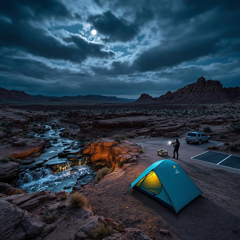 A teal tent rests beneath a bright full moon in Capitol Reef National Park. A small waterfall flows nearby, while a camper’s flashlight glows in the distance. Camping gear sits by a parking spot under the cloudy night sky.