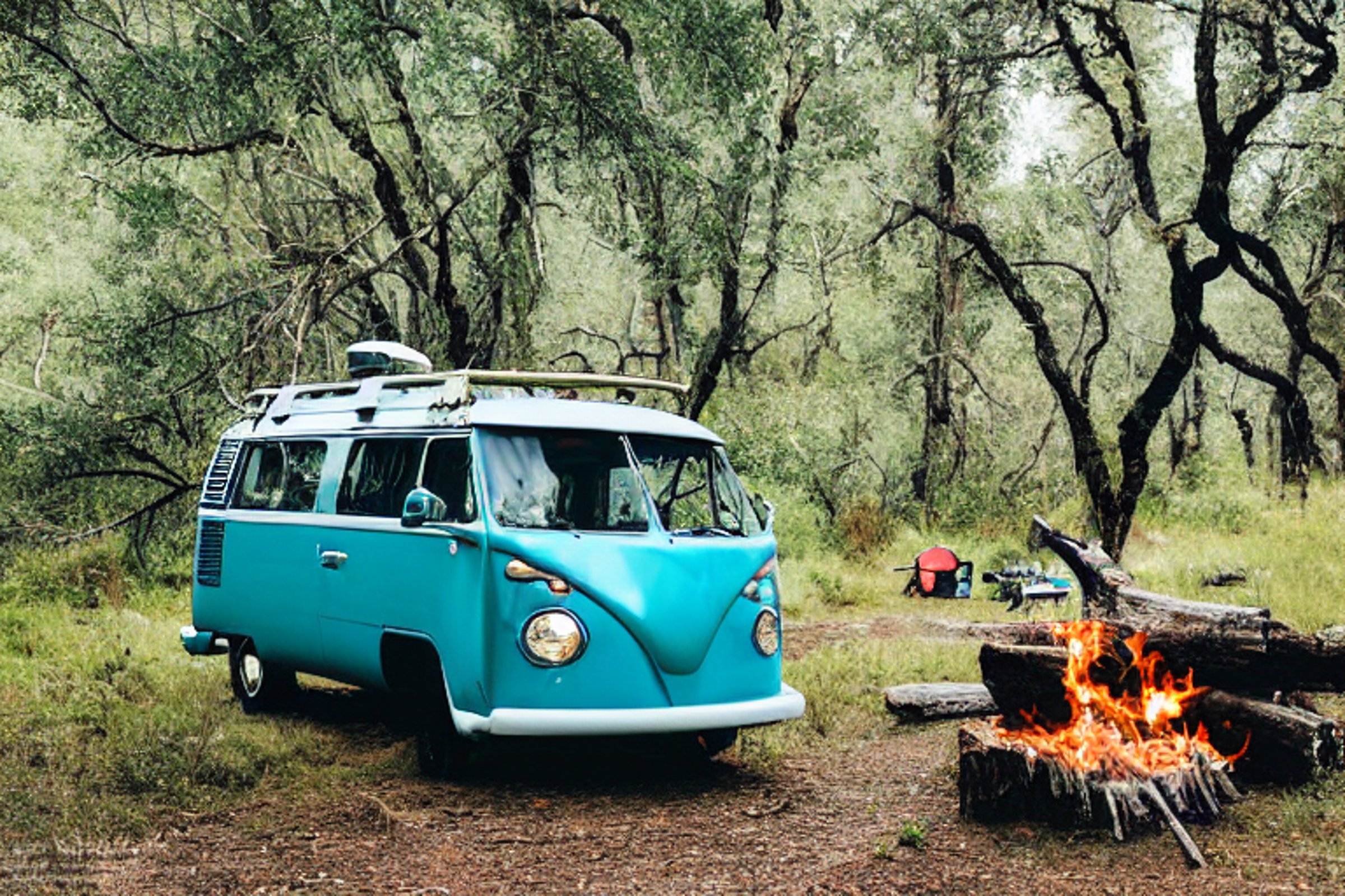 A blue camper van rests beside a warm campfire in Big Bend National Park. A clear stream winds through the mossy trees, with a backpack, white cooler, and large log nearby.