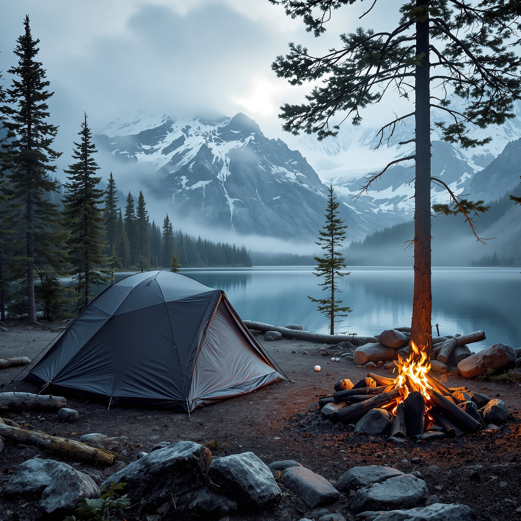 A cozy tent sits by a calm mountain lake, with tall pine trees all around. A warm campfire crackles nearby, and snowy peaks rise high in the background. The air feels fresh and peaceful in this quiet, wild place.